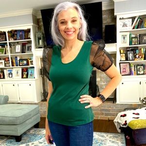 Small dark green top with puffy sleeves